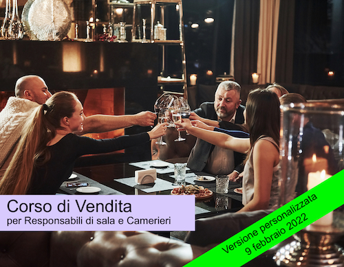 La copertina che rappresenta il corso di vendita per camerieri e responsabili di sala.