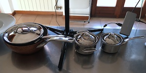 Casseruole ed altre salsiere, che ho impiegato durante il corso sulle salse: Demeyere, De Buyer, Pentole Agnelli e Lagostina.
