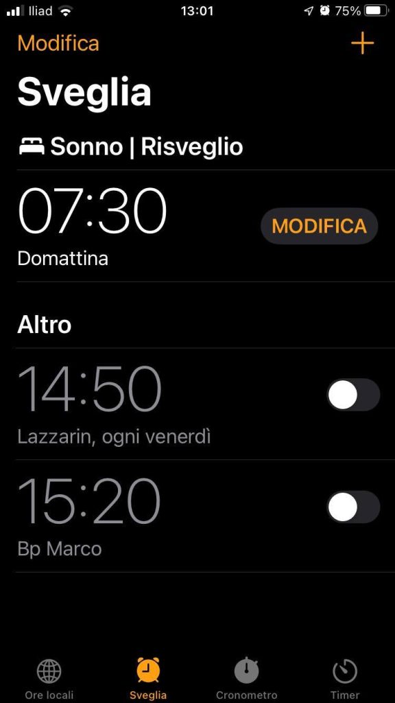 Foto del mio iPhone, con la nuova sveglia impostata sulle 7:30 :)
